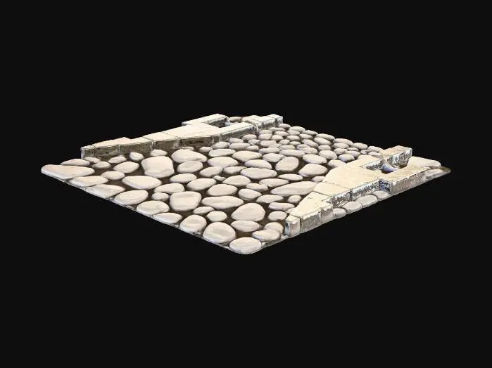 3D model for Ultra-realistic texture-focused rendering of traditional Portuguese cobblestone pavement from the 1930s. Individual stones are rounded, irregular, in varying gray tones, with natural wear, dirt, and light sunlit highlights. Seen from a top-down perspective. Real shadowing and bump detail. No background.”