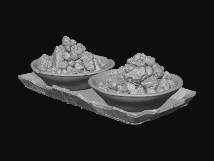 3D model for Small pile of uranium ore stones (pitchblende) on a metal tray. Rough dark gray-black texture with faint green phosphorescent glow. Each rock irregular and matte. PBR material: stone roughness 0.9, faint self-emission map