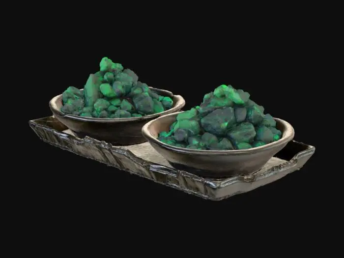 3D model for Small pile of uranium ore stones (pitchblende) on a metal tray. Rough dark gray-black texture with faint green phosphorescent glow. Each rock irregular and matte. PBR material: stone roughness 0.9, faint self-emission map