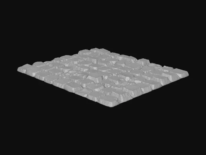 3D model for A seamless, tileable cobblestone road for a game asset. Perfect top-down orthographic view. The stones are relatively flat, with varied gray and beige tones. Even, neutral lighting with no harsh shadows. 4K, photorealistic."