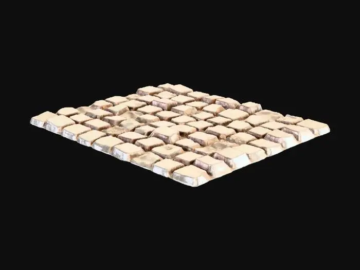 3D model for A seamless, tileable cobblestone road for a game asset. Perfect top-down orthographic view. The stones are relatively flat, with varied gray and beige tones. Even, neutral lighting with no harsh shadows. 4K, photorealistic."
