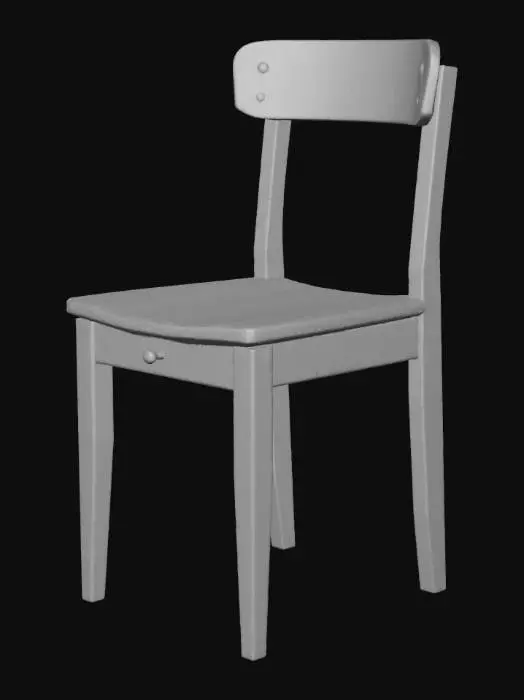 3D model for A 3D model of a simple, worn wooden study chair from a 19th-century Paris laboratory. The wood is dark, heavily aged, and distressed, with scratches, scuffs, and a faded patina. It has a straight back and sturdy, slightly splayed legs. No upholstery, just bare, utilitarian wood.
