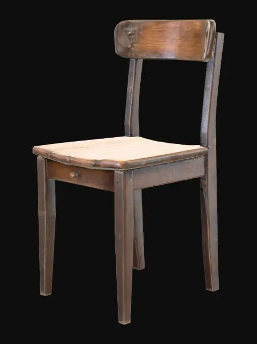 3D model for A 3D model of a simple, worn wooden study chair from a 19th-century Paris laboratory. The wood is dark, heavily aged, and distressed, with scratches, scuffs, and a faded patina. It has a straight back and sturdy, slightly splayed legs. No upholstery, just bare, utilitarian wood.