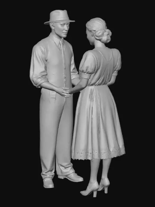 3D model for Bu görüntüden sadece önde yer alan iki karakterin (erkek ve kadın) 3D modelini oluştur. Arka plandaki kaldırım, evler veya diğer çevresel objeleri dahil etme."
Ayrıca şunları da ekleyebilirsin:
“Karakterleri ayakta ve elleri birbirine uzanmış şekilde çıkart.”
“Ayakkabılardan saç uçlarına kadar tam modelleme yapılmalı.”
“Giyim detayları (takım elbise, şapka, elbise) mümkün olduğunca korunmalı.”