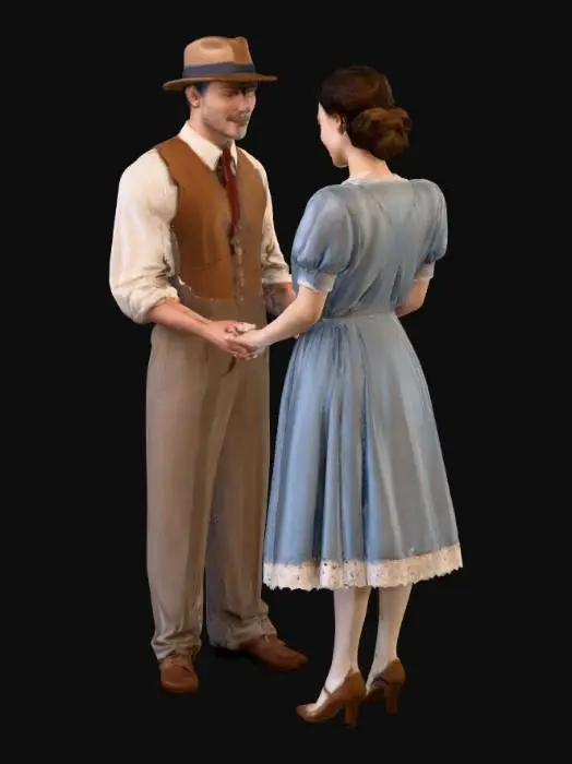 3D model for Bu görüntüden sadece önde yer alan iki karakterin (erkek ve kadın) 3D modelini oluştur. Arka plandaki kaldırım, evler veya diğer çevresel objeleri dahil etme."
Ayrıca şunları da ekleyebilirsin:
“Karakterleri ayakta ve elleri birbirine uzanmış şekilde çıkart.”
“Ayakkabılardan saç uçlarına kadar tam modelleme yapılmalı.”
“Giyim detayları (takım elbise, şapka, elbise) mümkün olduğunca korunmalı.”