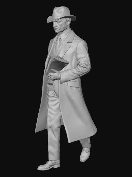 3D model for Ultra-realistic full-body portrait of a 1930s Portuguese man walking on a Lisbon street. Wearing a brown wool suit, white shirt, tie, and a dark fedora hat. Carrying a newspaper under his arm. Neutral walking pose. No background.