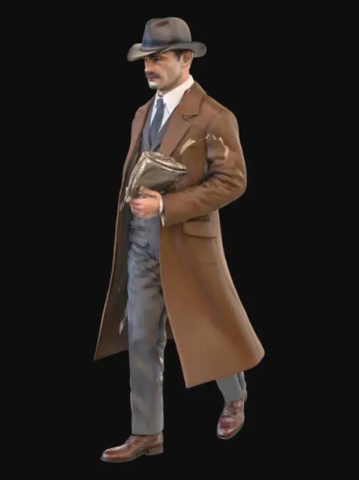 3D model for Ultra-realistic full-body portrait of a 1930s Portuguese man walking on a Lisbon street. Wearing a brown wool suit, white shirt, tie, and a dark fedora hat. Carrying a newspaper under his arm. Neutral walking pose. No background.