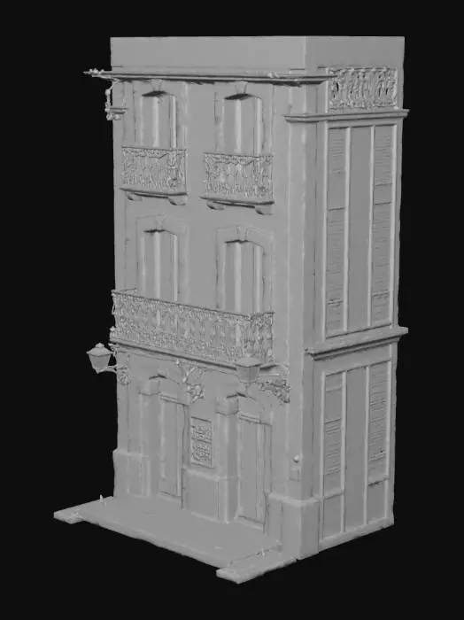 3D model for Ultra-realistic frontal view of a 1930s Portuguese low-rise building facade with faded pastel walls, wrought iron balcony, wooden window shutters, and vintage Portuguese shop signs. Architectural style is Art Deco / traditional European. No people, only the building.