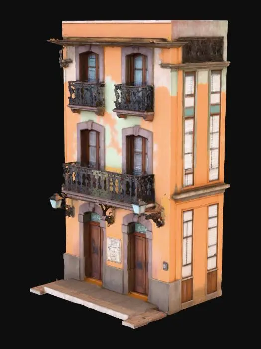 3D model for Ultra-realistic frontal view of a 1930s Portuguese low-rise building facade with faded pastel walls, wrought iron balcony, wooden window shutters, and vintage Portuguese shop signs. Architectural style is Art Deco / traditional European. No people, only the building.