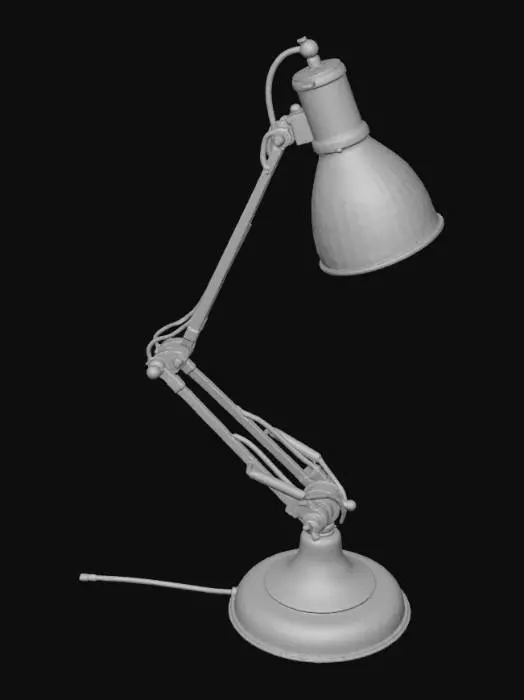 3D model for 1930s metal laboratory lamp with adjustable arm, green enamel shade, brass joints, warm tungsten light (~2800K). Slight paint chips on edges. PBR metallic and glass with emissive light core.