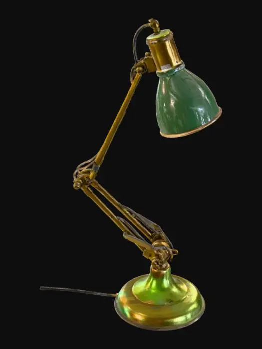 3D model for 1930s metal laboratory lamp with adjustable arm, green enamel shade, brass joints, warm tungsten light (~2800K). Slight paint chips on edges. PBR metallic and glass with emissive light core.