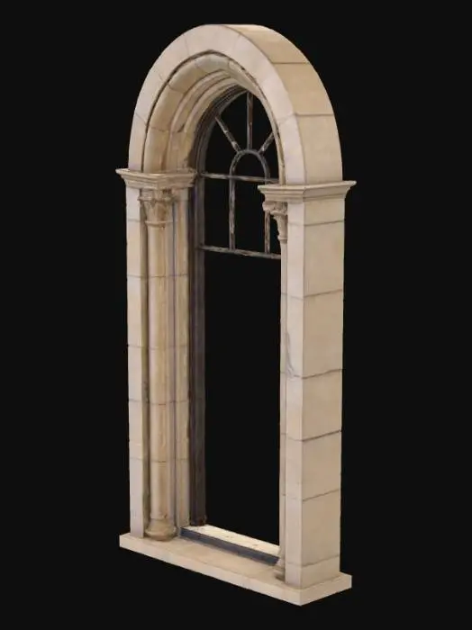3D model for Ultra-realistic rendering of a single 1930s tall arched laboratory window. Stone frame with slight aging, no glass, thick wall depth. Designed for modular use in a VR scene. Clean lighting, isolated on transparent background, no wall or surrounding structure.