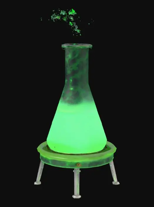 3D model for lass Erlenmeyer flask with glowing green liquid, subtle bubbling particle VFX, metal tripod + Bunsen burner, early 1930s design, high-poly + PBR.