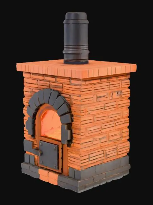 3D model for A sturdy, brick-built furnace in the corner of a 19th-century Parisian laboratory. The bricks are darkened and sooty from years of use, with scorched marks around the opening. The firebox opening emits a faint, flickering orange-red glow, casting warm, uneven light and dramatic shadows. The furnace has a simple, heavy cast-iron door and perhaps a small, sooty chimney pipe extending upwards.