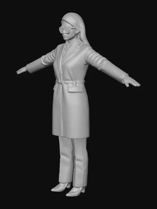3D model for Full body 3D character model of a contemporary female laboratory scientist. She is wearing a simple, fitted white lab coat that is fully buttoned up in the front, tailored dark trousers, and plain, closed-toe slip-on shoes. The clothing geometry is clean and close to the body. The character is standing in a perfect symmetrical A-pose with arms angled slightly downwards, right palm slighlt closed left palm open.Neutral expression.