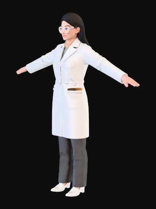 3D model for Full body 3D character model of a contemporary female laboratory scientist. She is wearing a simple, fitted white lab coat that is fully buttoned up in the front, tailored dark trousers, and plain, closed-toe slip-on shoes. The clothing geometry is clean and close to the body. The character is standing in a perfect symmetrical A-pose with arms angled slightly downwards, right palm slighlt closed left palm open.Neutral expression.