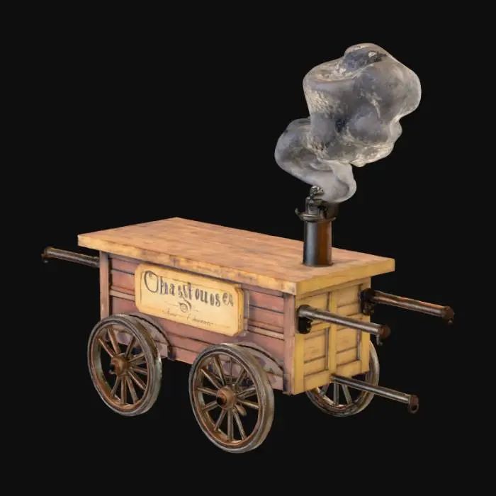 3D model for Ultra-realistic rendering of a vintage Portuguese street vendor cart from the 1930s, used to sell roasted chestnuts. Made of aged wood and metal wheels, with a small chimney emitting smoke. Has a sign that reads ‘Quentes e boas!’ in old-style script. No background.