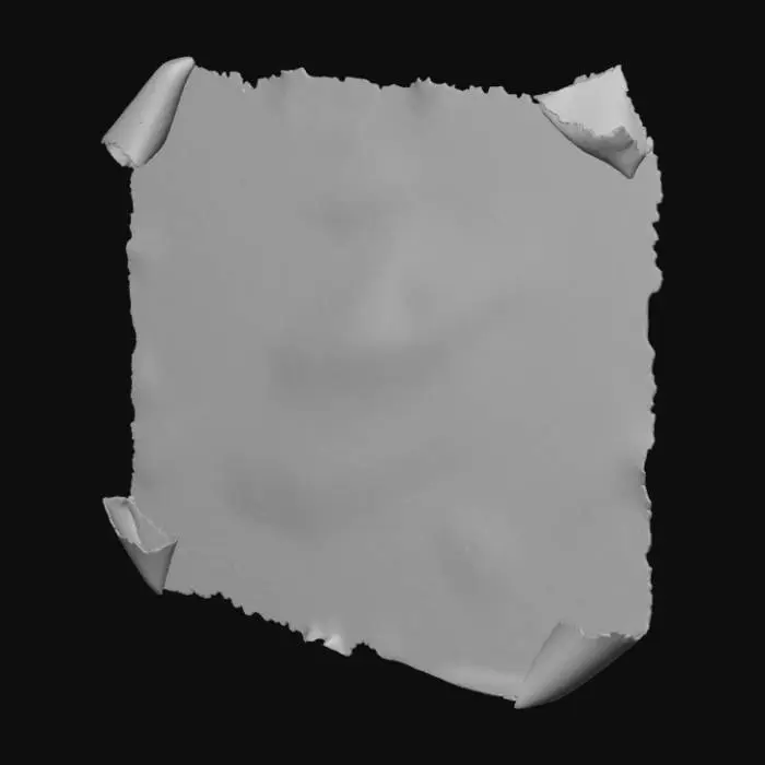 3D model for Single aged paper sheet on table, slightly curled corners, yellowed surface, French text faintly visible. Ink stains and small tear. PBR texture: roughness 0.8, opacity 1.0, AO baked.