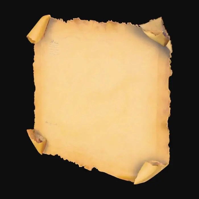 3D model for Single aged paper sheet on table, slightly curled corners, yellowed surface, French text faintly visible. Ink stains and small tear. PBR texture: roughness 0.8, opacity 1.0, AO baked.