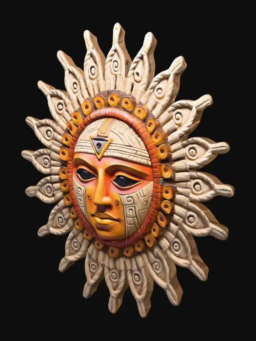 3D model for Aztec Sun wall decor with a face in the middle of the sun. The face should be raised with a neutral facial expression.  I would like the face to have look similar to like its made from rope with the contours. I would like the retinas of the eyes to be recessed and the pupils standing out, making the eyes have depth. I would also like the rays of the sun to be wavey and also have contours that are rope like.