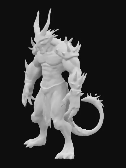 3D model for Human shaped demon with dragon head, spikes on shoulder and knees.
The torso is humanoid, the arms and legs are demonic with veins and well shaped muscles. Instead of hands he's got long and large blades, like machete. Has also got a tail that is not so long with spikes on it that will continue till the head.