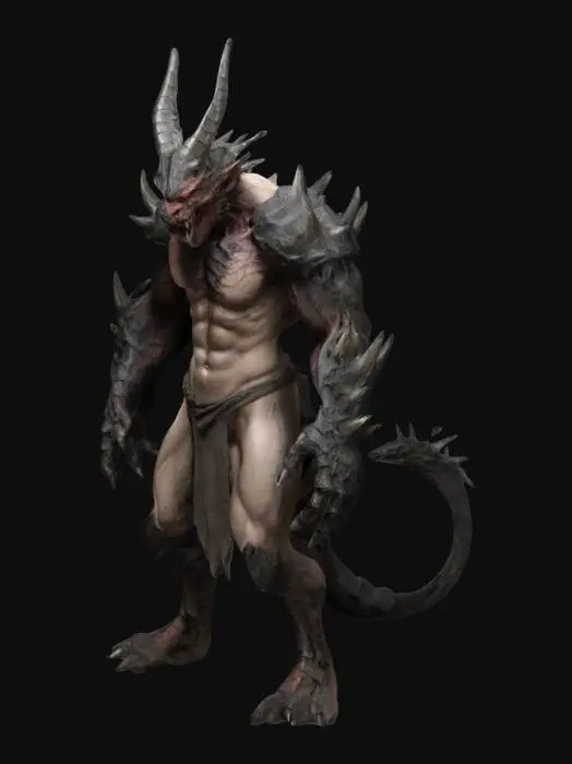 3D model for Human shaped demon with dragon head, spikes on shoulder and knees.
The torso is humanoid, the arms and legs are demonic with veins and well shaped muscles. Instead of hands he's got long and large blades, like machete. Has also got a tail that is not so long with spikes on it that will continue till the head.