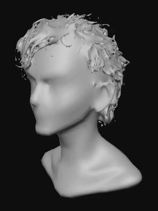 3D model for A curly-haired boy in his 20s with rotting purple skin and blue eyes. There are dark circles under his eyes.
