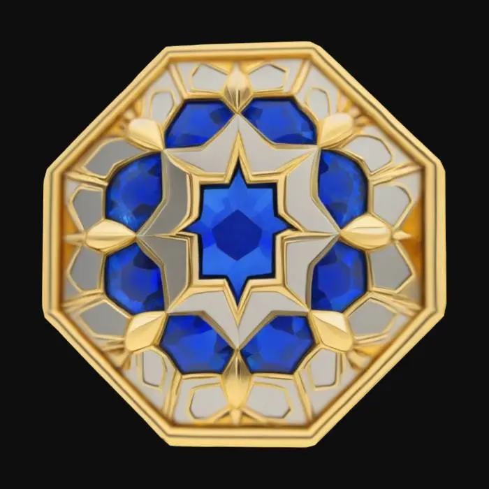 3D model for A Hexagonal coin with geometric patterns made of gold silver and sapphires
 #emblem#