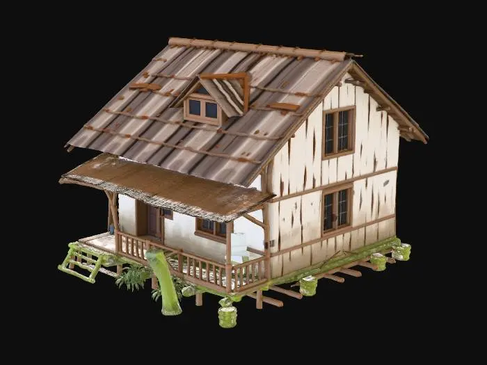 3D model for Please make a realistic old house made of bamboo and Nipa hut that is not looking good 1890's era