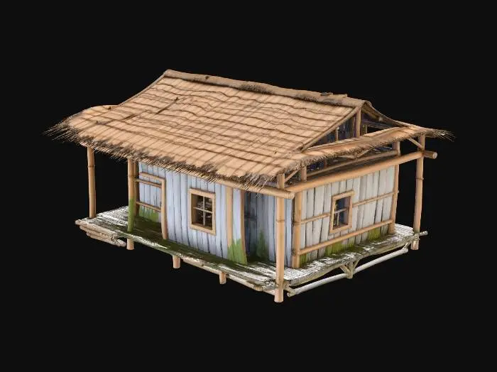 3D model for Please make a realistic old house made of bamboo and Nipa hut that is not looking good 1890's era