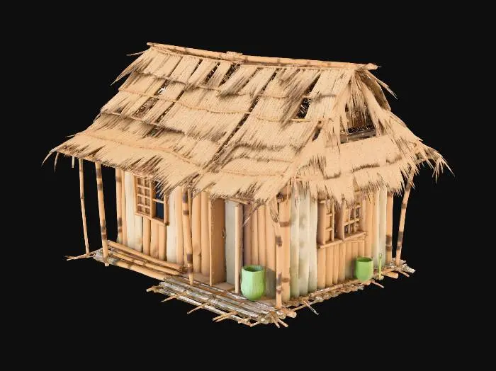 3D model for please make me a realistic old house made of bamboo and nipa hut that is not looking good and little bit destroyed