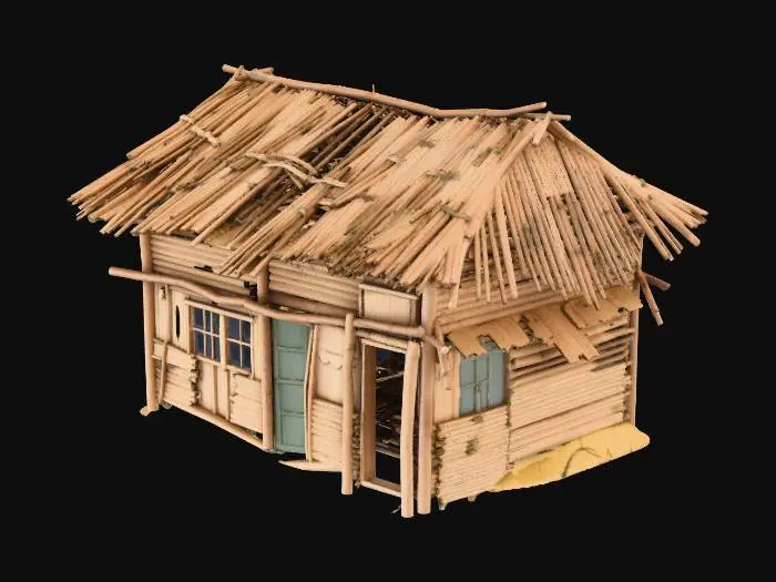3D model for Please make a realistic old house made of bamboo and Nipa hut that is not looking good