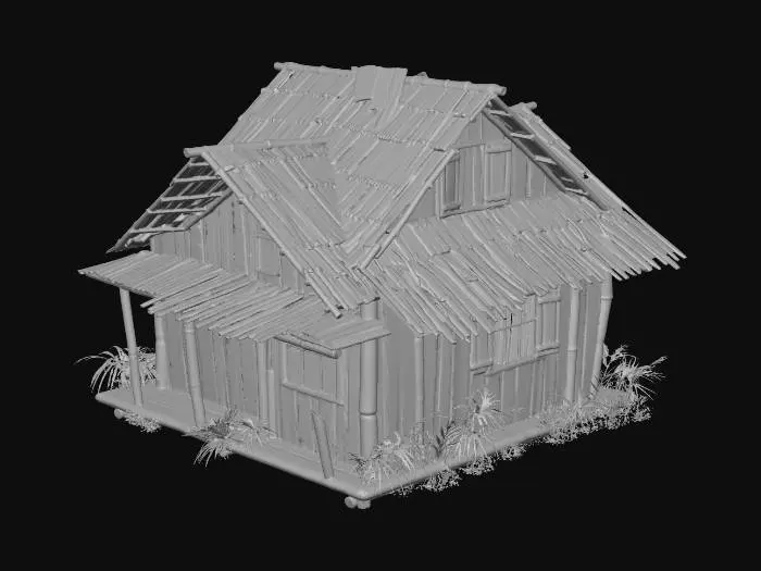 3D model for Please make a realistic old house made of bamboo and Nipa hut that is not looking good