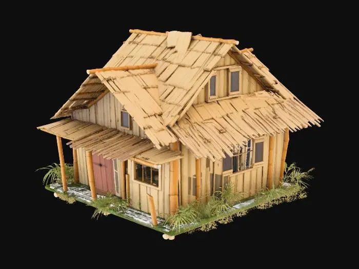 3D model for Please make a realistic old house made of bamboo and Nipa hut that is not looking good