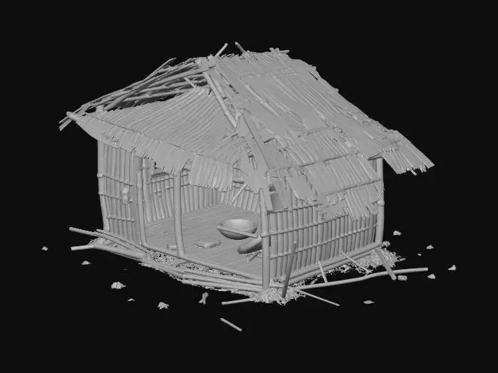 3D model for please make me a realistic old house made of bamboo and nipa hut that is not looking good and little bit destroyed
