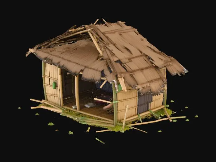 3D model for please make me a realistic old house made of bamboo and nipa hut that is not looking good and little bit destroyed
