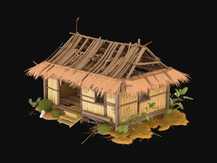 3D model for please make me a realistic old house made of bamboo and nipa hut that is not looking good and little bit destroyed