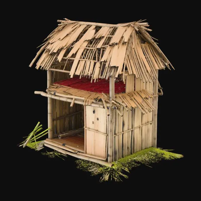 3D model for please make me a realistic old house made of bamboo and nipa hut that is not looking good and little bit destroyed