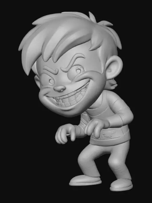 3D model for Generate a cartoon model of a mischievous character showing an excited side eye expression with a huge grin.
The model generation needs to be two colours or monochrome with simple outlines of varying thickness. No shading.