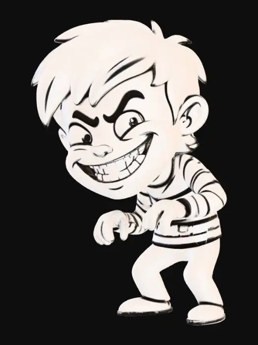 3D model for Generate a cartoon model of a mischievous character showing an excited side eye expression with a huge grin.
The model generation needs to be two colours or monochrome with simple outlines of varying thickness. No shading.