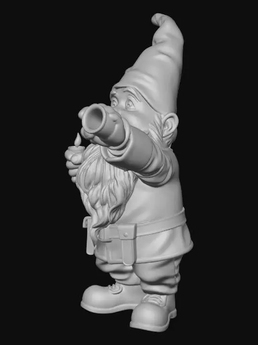 3D model for A security gnome with a shocked facial expression. Mouth open. pointing a torch forwards