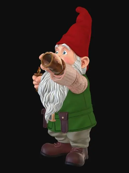 3D model for A security gnome with a shocked facial expression. Mouth open. pointing a torch forwards