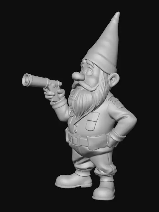 3D model for A security gnome with a shocked expression pointing a flashlight forwards
