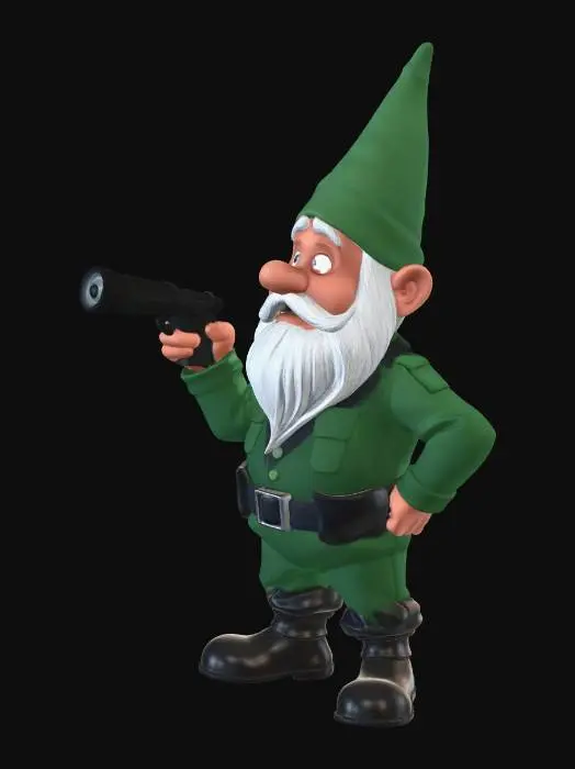 3D model for A security gnome with a shocked expression pointing a flashlight forwards