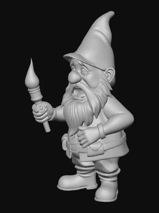 3D model for A security gnome with a shocked facial expression. Mouth open. pointing a torch forwards