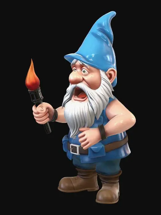 3D model for A security gnome with a shocked facial expression. Mouth open. pointing a torch forwards