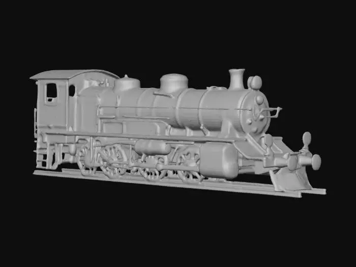 3D model for "A photorealistic, highly detailed 3D model of a vintage black steam locomotive train. Include heavy rust and metallic textures, detailed iron wheels, and . Low poly for easy rendering."