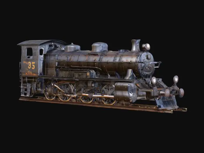 3D model for "A photorealistic, highly detailed 3D model of a vintage black steam locomotive train. Include heavy rust and metallic textures, detailed iron wheels, and . Low poly for easy rendering."