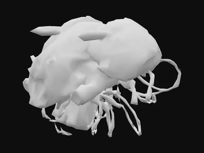 3D model for A broken piece of alien equipment, clearly torn from a larger machine or structure. The object is asymmetrical and rusted, with exposed metallic surfaces covered in grime and corrosion. Loose, frayed cables hang from one end, some sparking faintly or wrapped around jagged edges. Alien markings are partially visible, faded and scratched. A soft green glow seeps from cracks and from within small crystal nodes or energy conduits, hinting at lingering power. The piece feels like an abandoned relic—damaged, forgotten, but not entirely dead. #sci-fi debris# #alien tech# #game prop# #worn gadget#