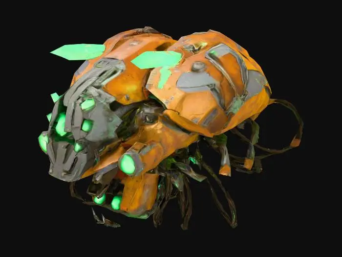 3D model for A broken piece of alien equipment, clearly torn from a larger machine or structure. The object is asymmetrical and rusted, with exposed metallic surfaces covered in grime and corrosion. Loose, frayed cables hang from one end, some sparking faintly or wrapped around jagged edges. Alien markings are partially visible, faded and scratched. A soft green glow seeps from cracks and from within small crystal nodes or energy conduits, hinting at lingering power. The piece feels like an abandoned relic—damaged, forgotten, but not entirely dead. #sci-fi debris# #alien tech# #game prop# #worn gadget#